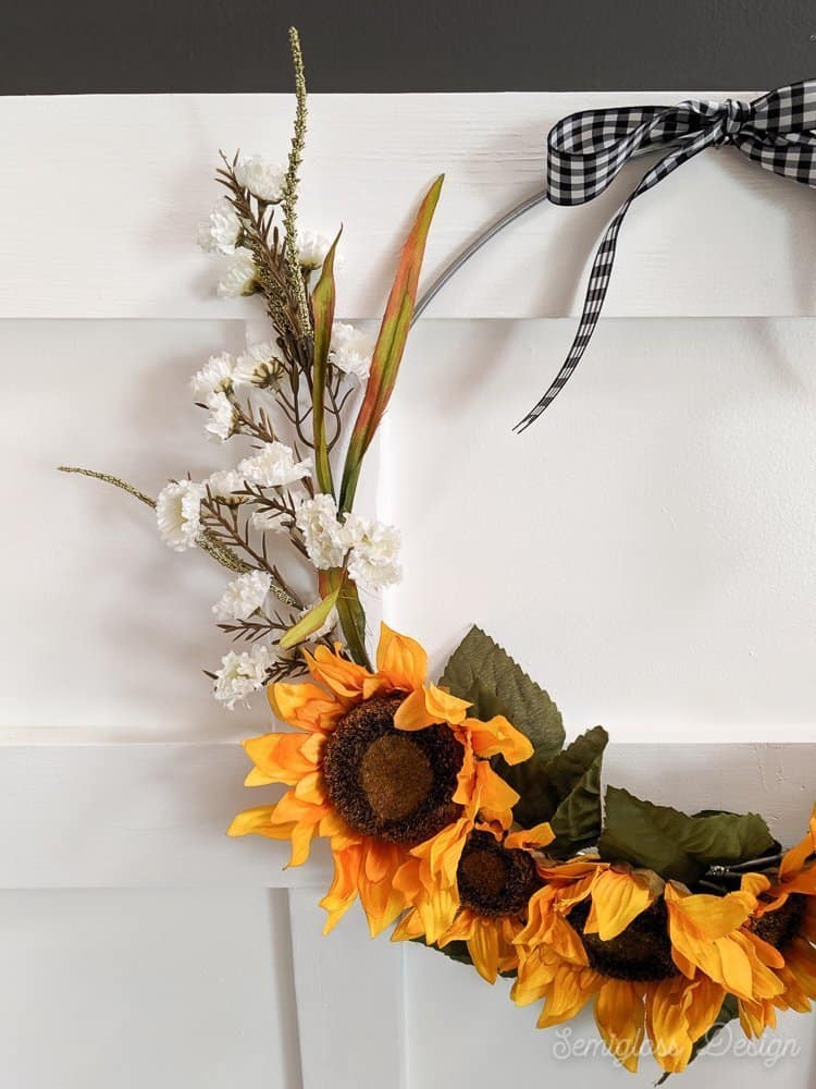 close up of DIY sunflower wreath