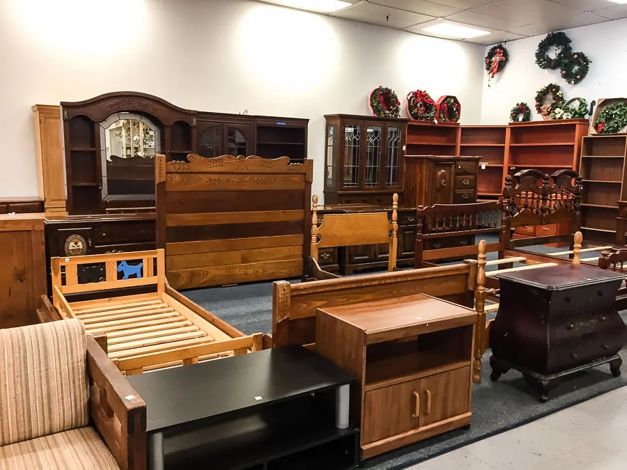 wood furniture in thrift store