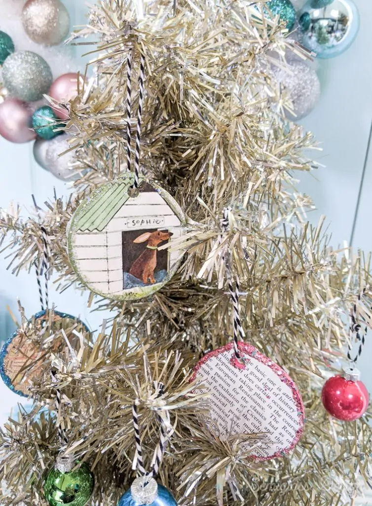 decoupage ornaments in vintage tinsel tree