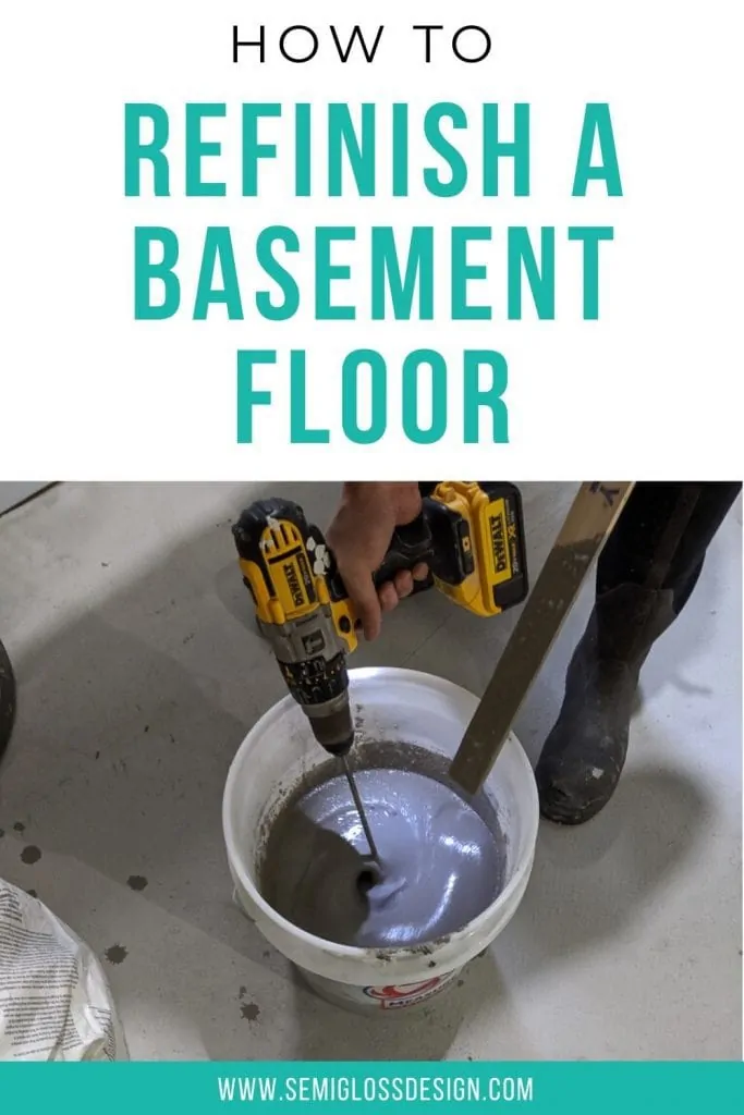 using a drill to mix concrete overlay to refinish basement floor