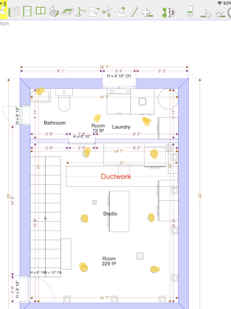 Floor plan of basement with lighting plan