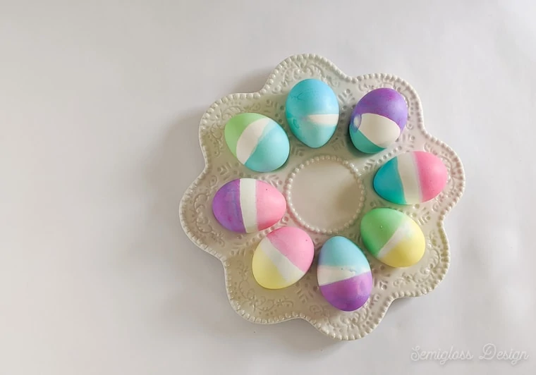 color blocked easter eggs on egg plate