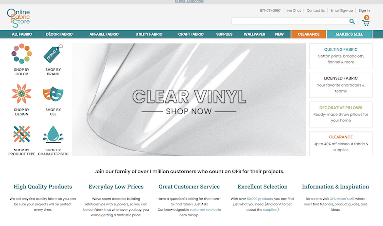 screenshot of online fabric store home page