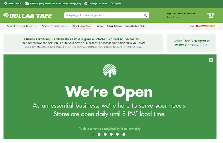 screenshot of dollar tree website