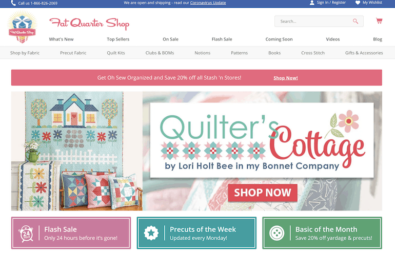 screenshot of fat quarter shop home page