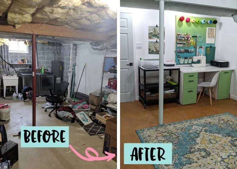 before and after photo of basement craft room renovation