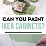 pin image - can of green paint and paint brush and a hand painting a cabinet green