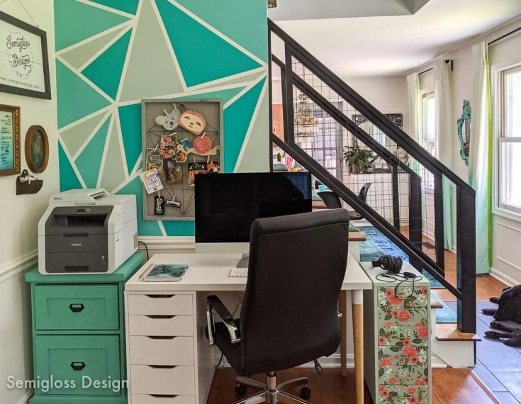 teal geometric accent wall in office nook