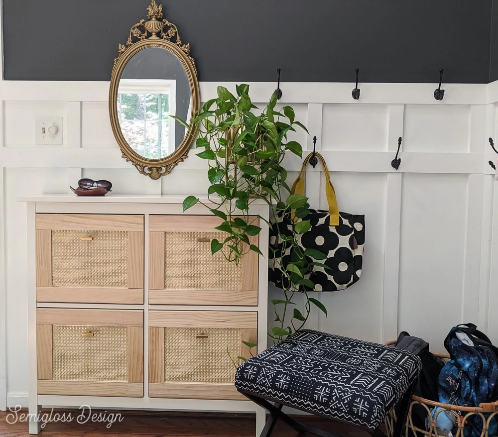 cane ikea hemnes shoe cabinet in room with board and batten moulding