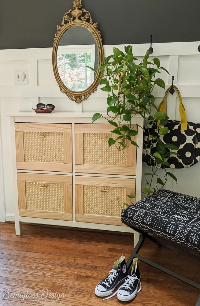 mudcloth ottoman with cane shoe cabinet