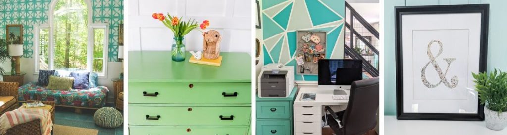 Collage for Semigloss Design website: boho sun room, green dresser, geometric wall mural and gold foil ampersand art