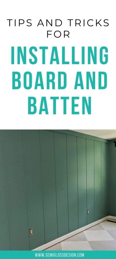 pin image - teal board and batten wall in a bedroom with text overlay