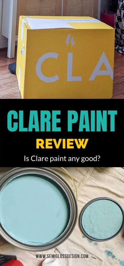 pin image - collage of Clare Vacay paint in can and shipping box