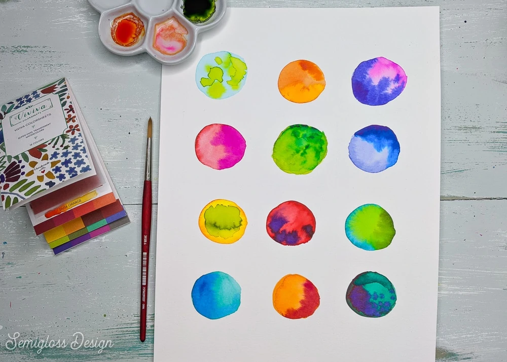 watercolor circles on paper with viviva colorsheets and palette