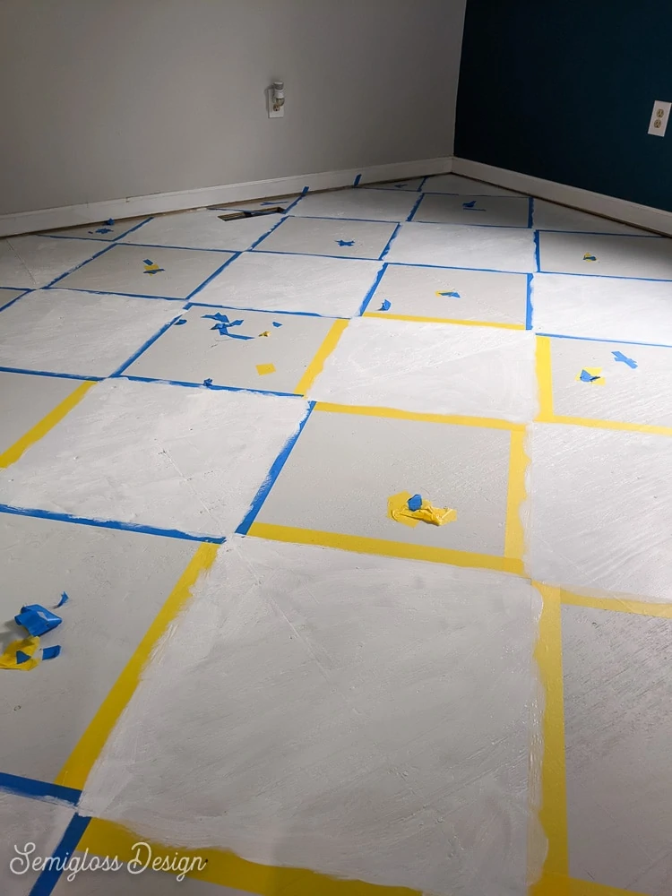 first coat of painted checkerboard floor