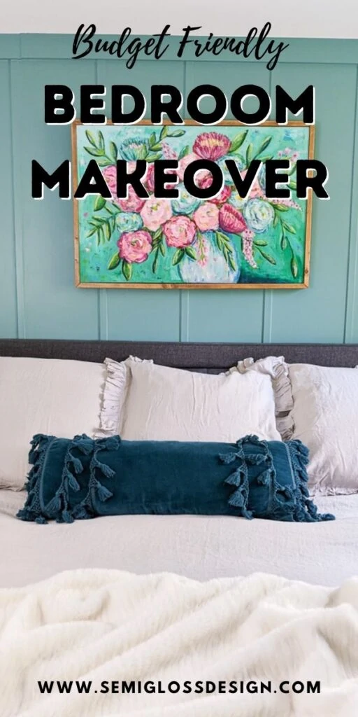 pin image - bedroom makeover text overlay over bed