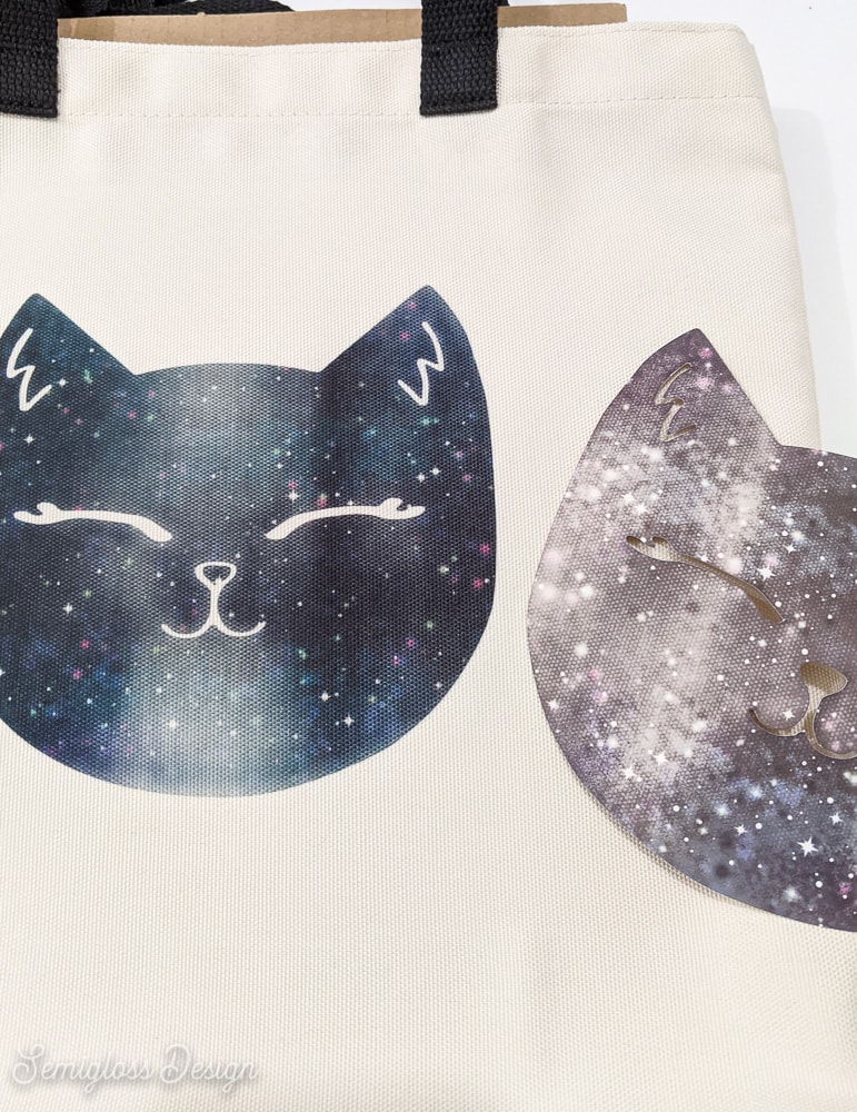 infusible ink cat on bag with used infusible ink sheet next to it to show fading