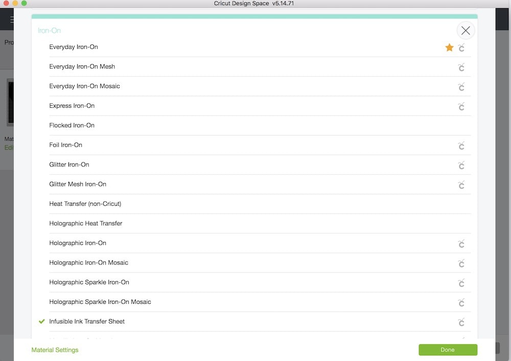 cricut material menu