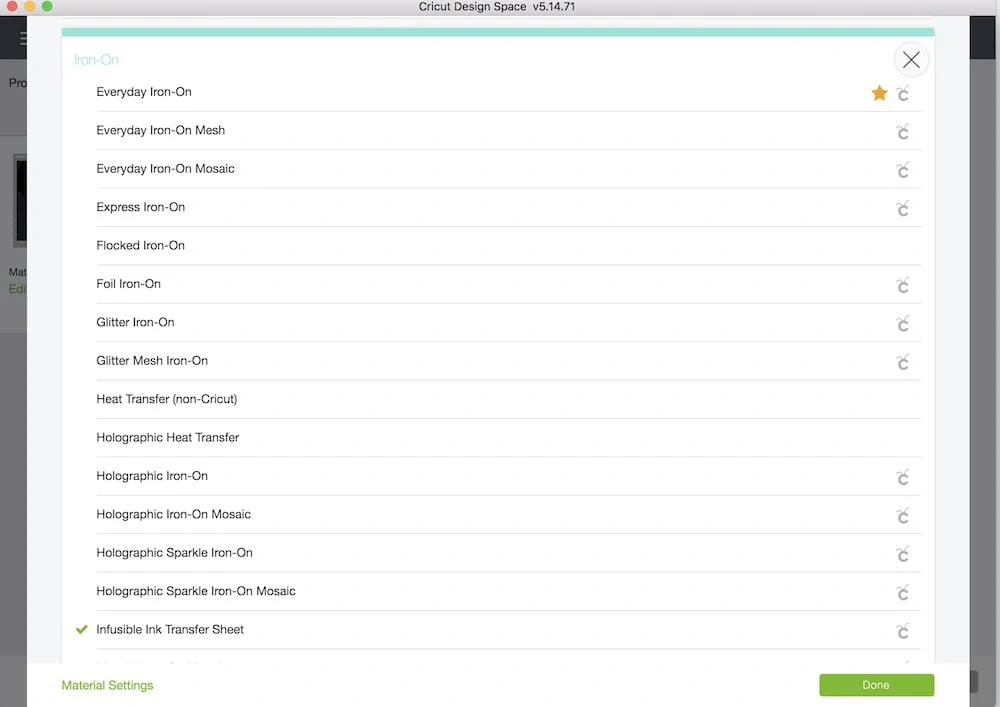cricut material menu