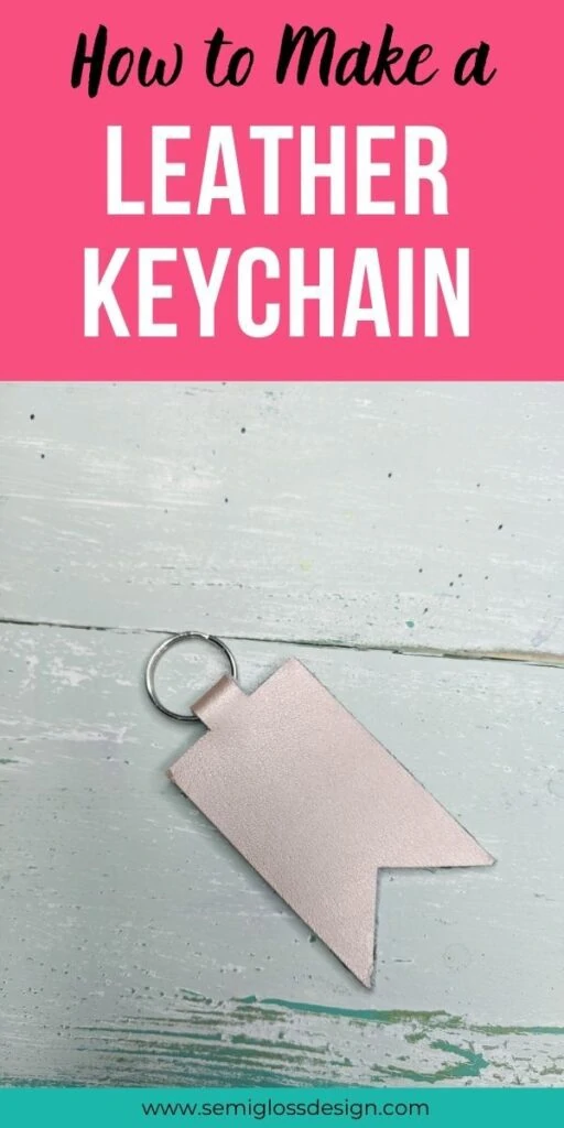 pin image - rose gold leather keychain on blue wood background
