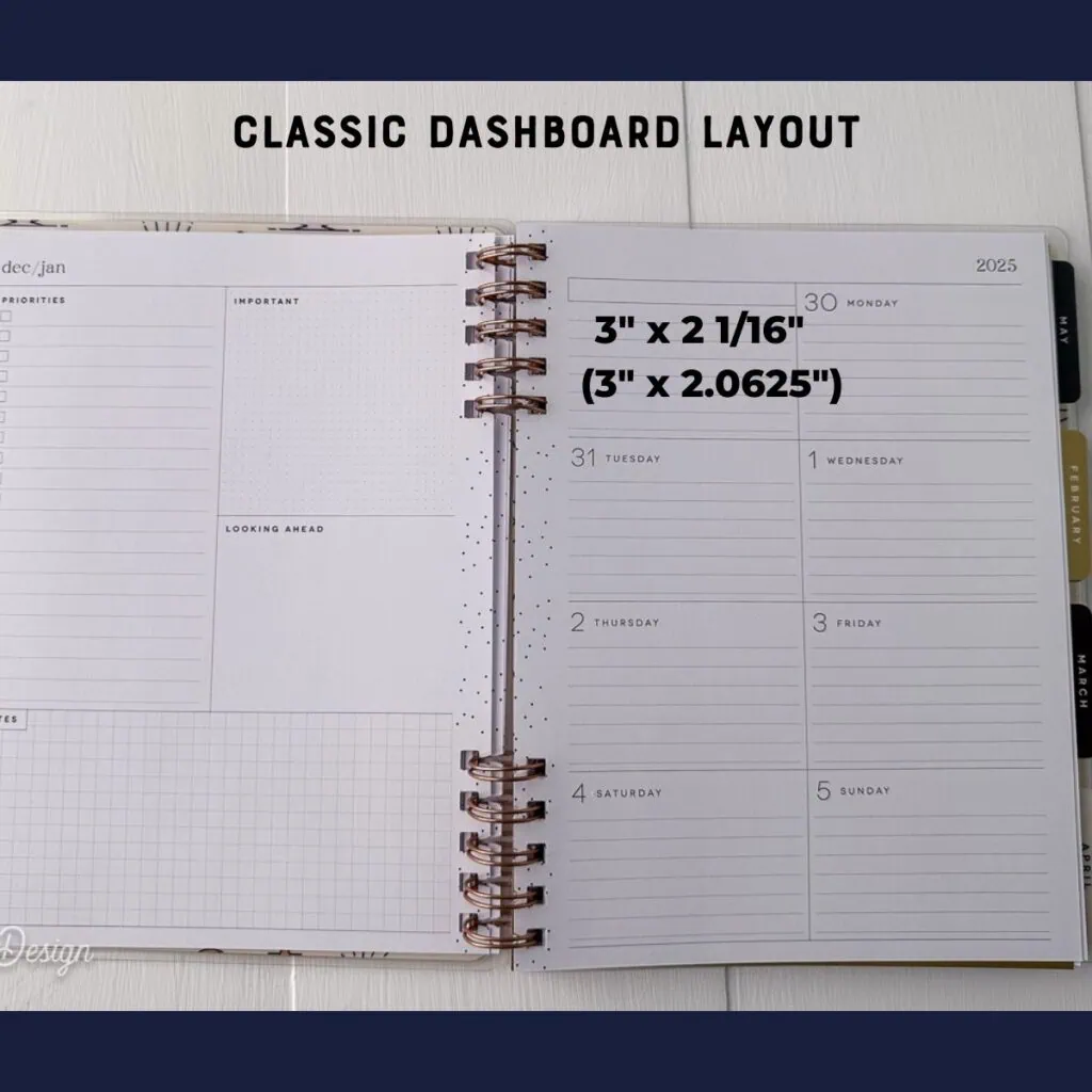 Dashboard layout for classic happy planner