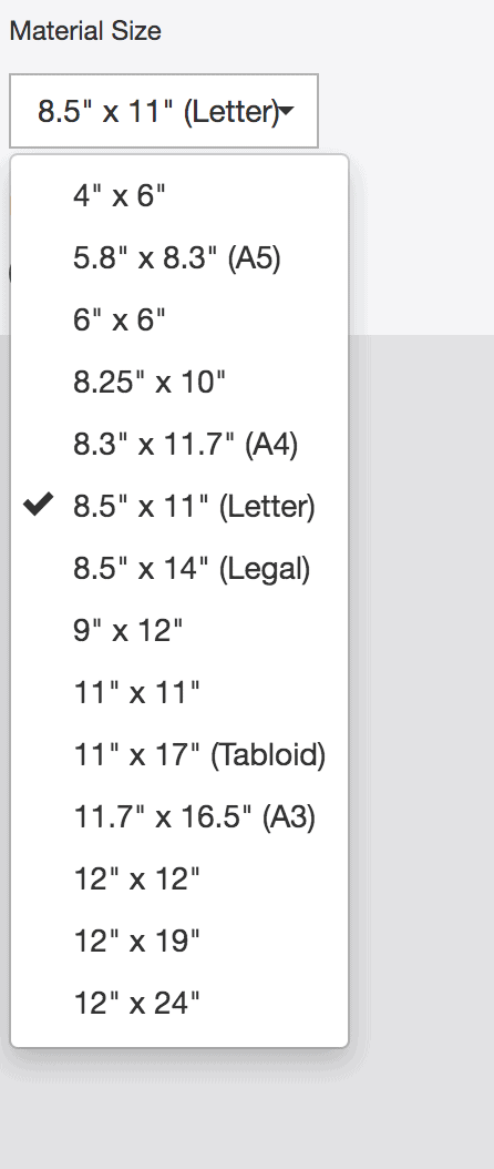 screenshot of cricut material sizes