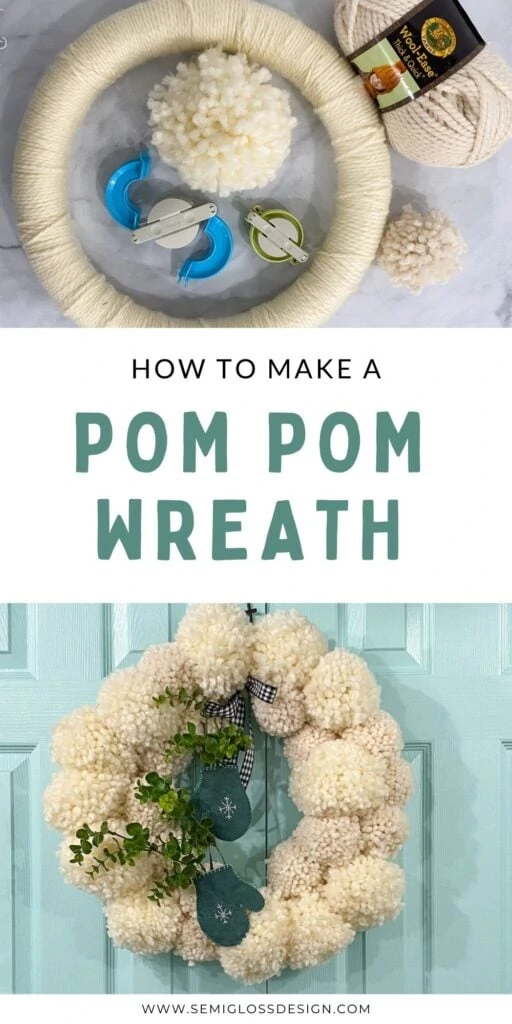 pin image - collage of pom pom supplies and pom pom wreath with mittens