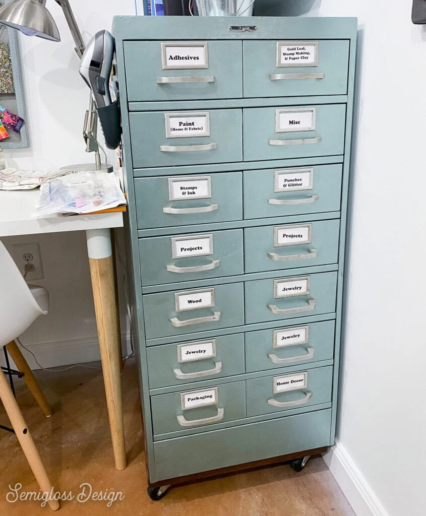 green vintage filing cabinet