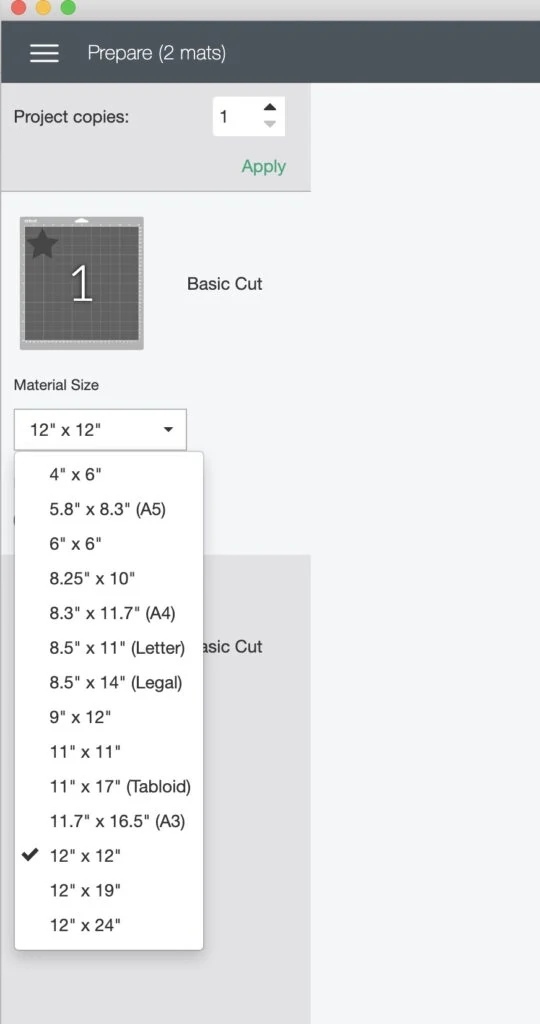 sizes for material in cricut design space