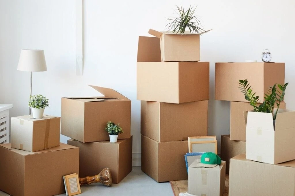 piles of boxes in room