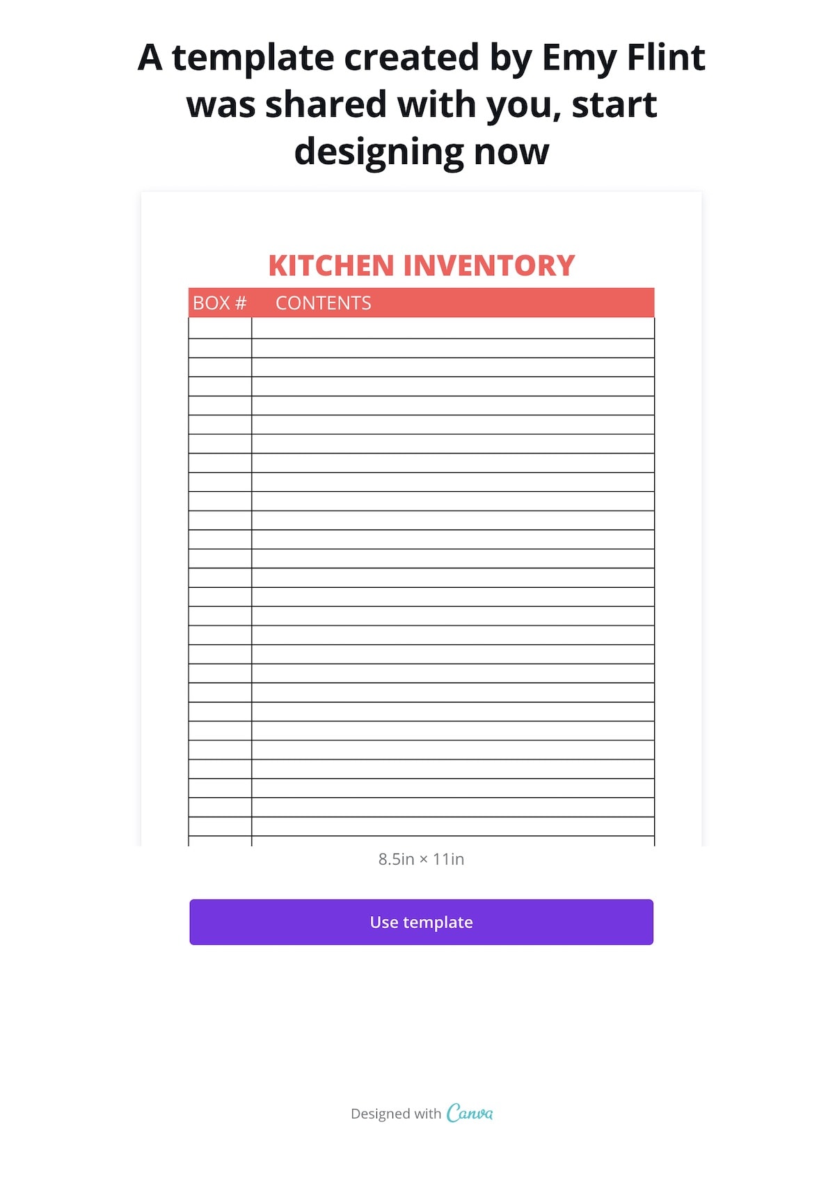 screenshot of moving inventory template