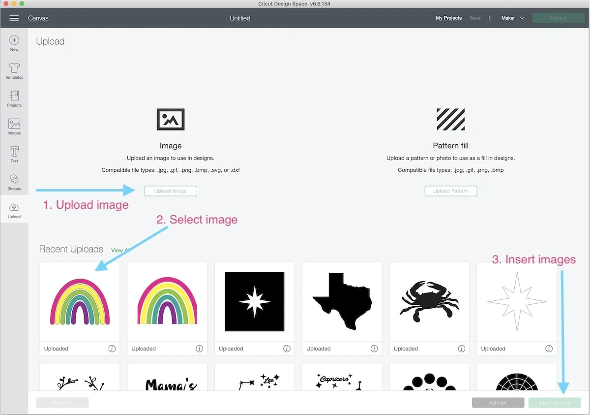 screenshot of cricut design space upload