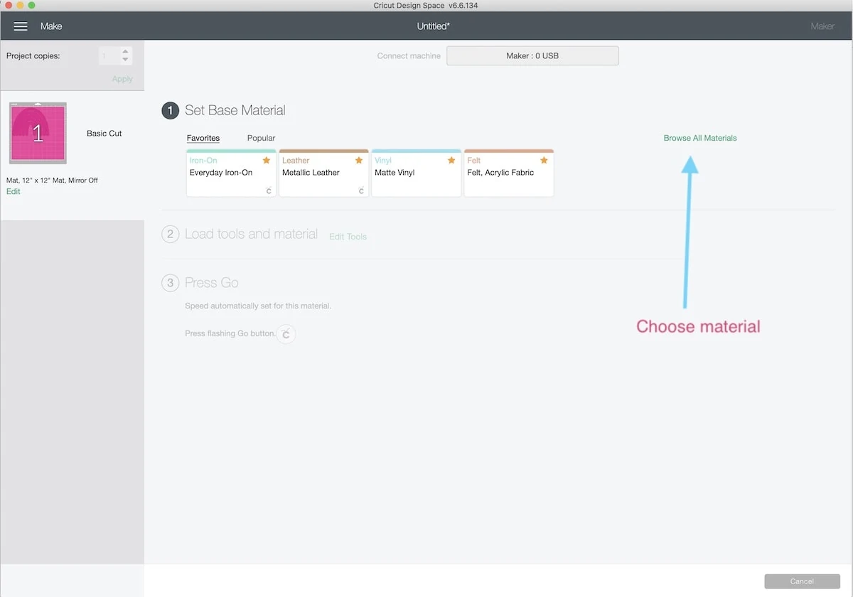 choosing material type for cricut