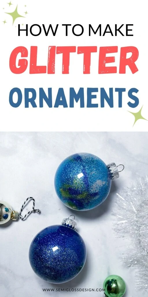 two blue glitter ornaments