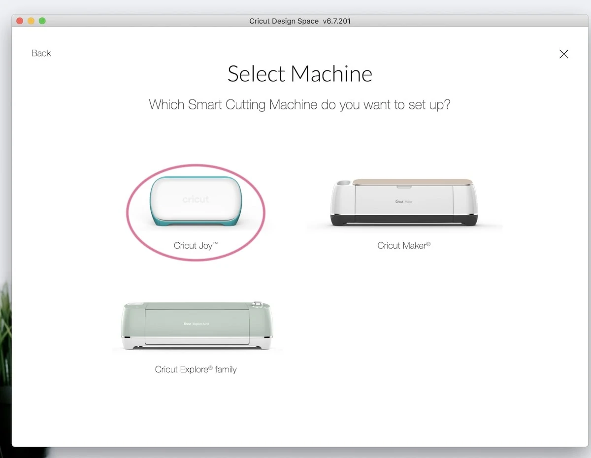selecting cricut joy for set up