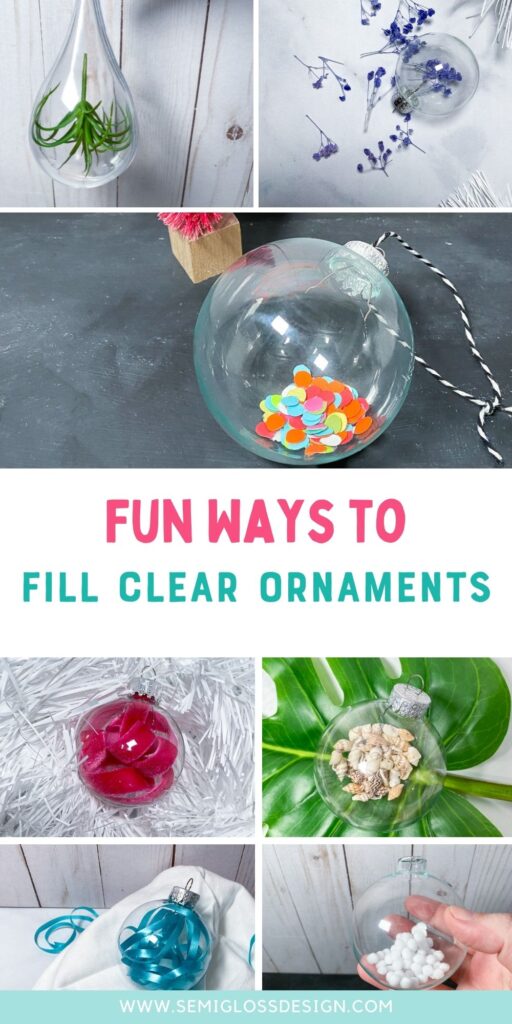 collage of clear ornaments filled with items