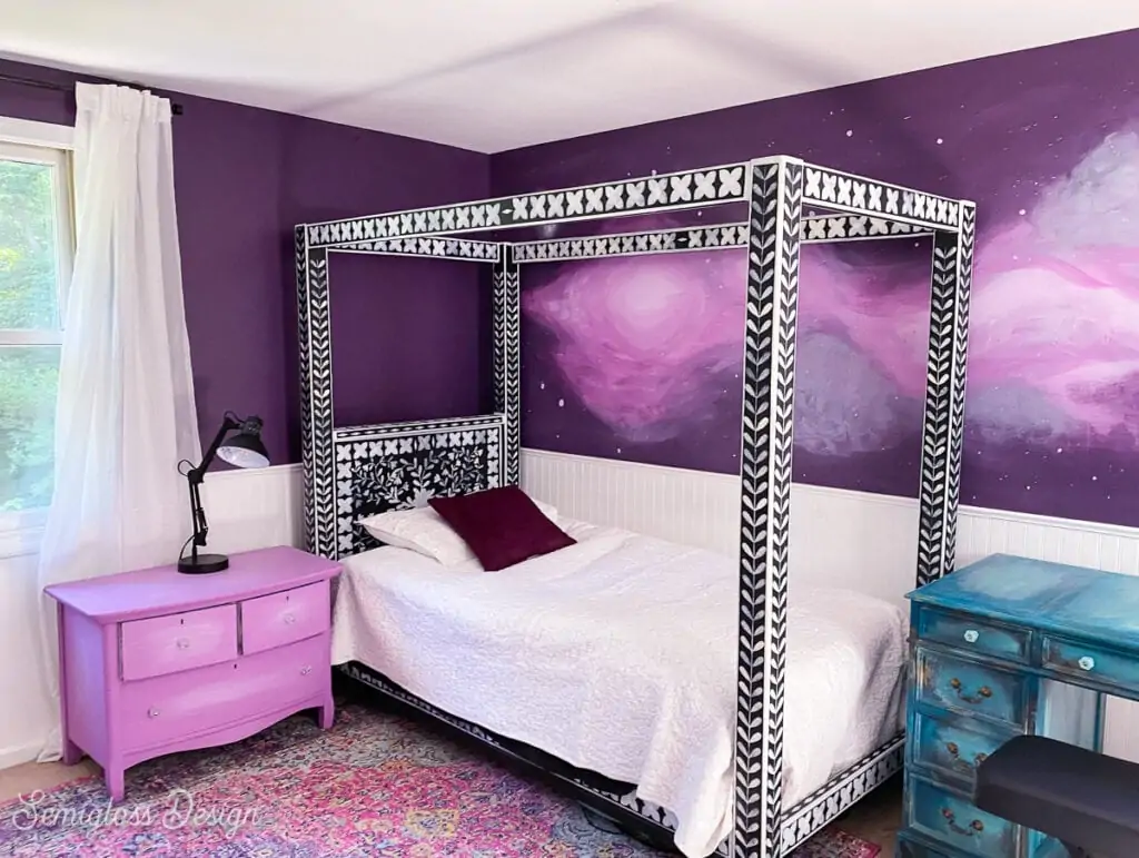 purple bedroom with white bedding