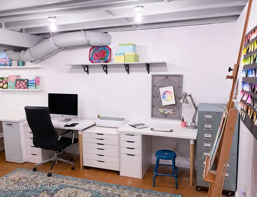 craft room in basement staged for sale