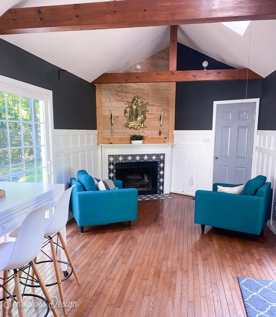 family room with fireplace and chairs