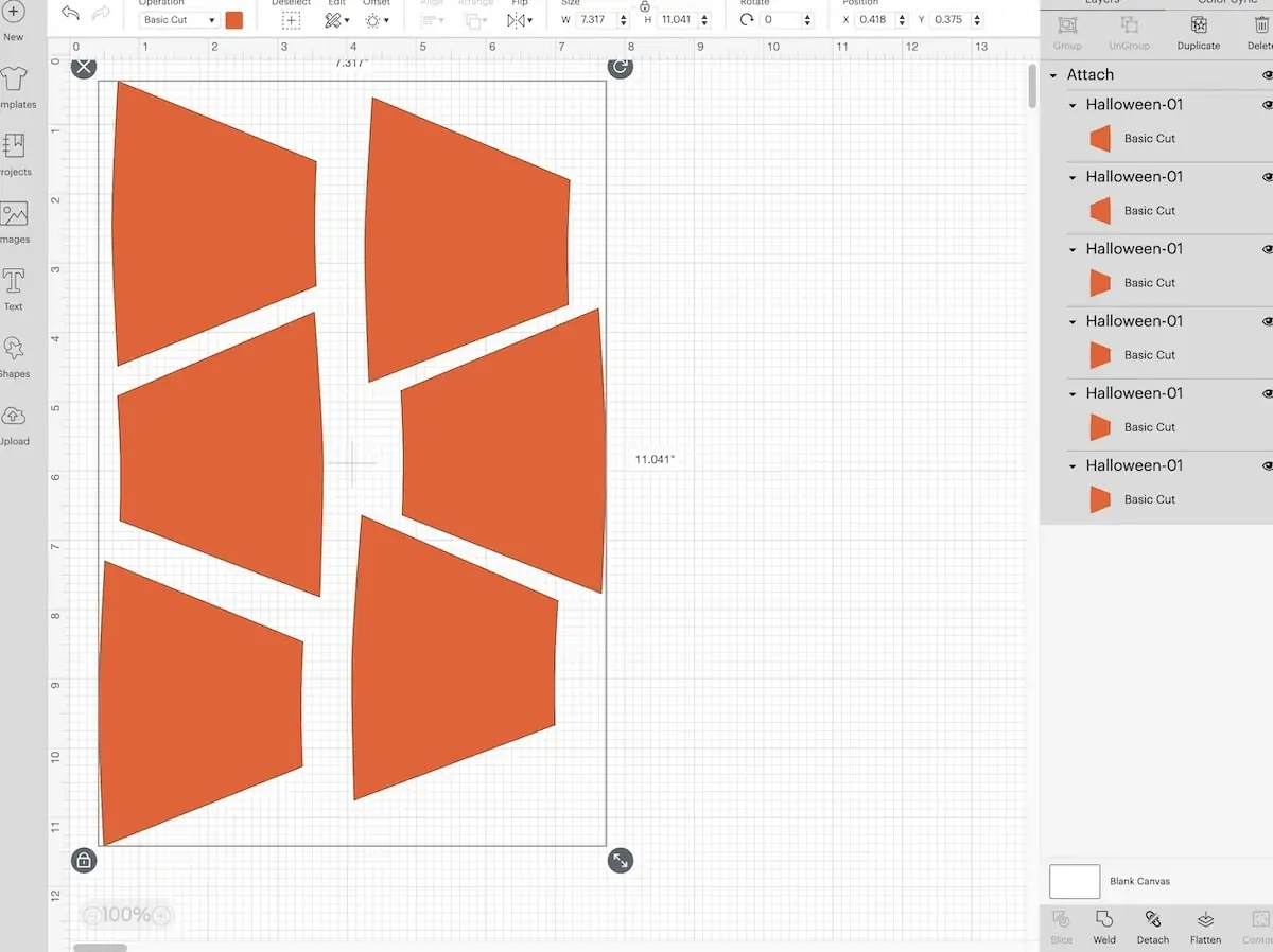 orange pieces laid out in cricut design space