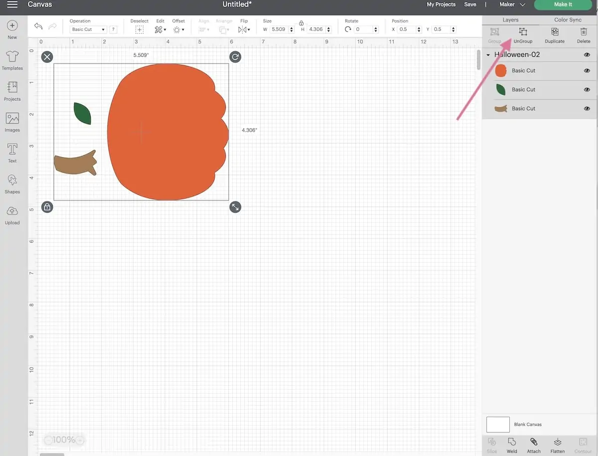 screenshot of cricut design space pumpkin design