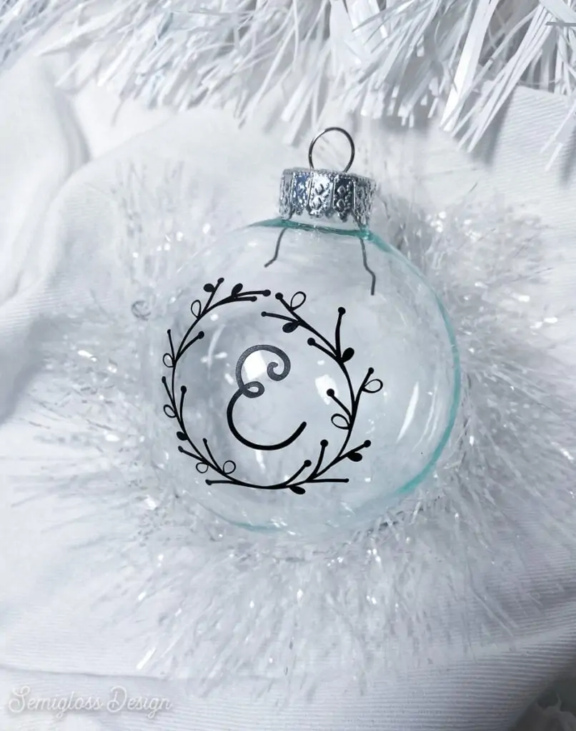 E monogram ornament with white tinsel