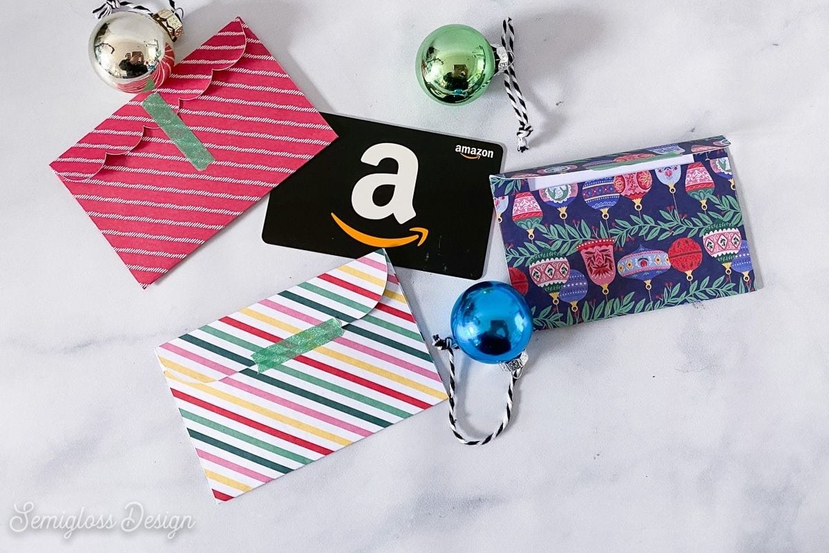 gift card envelopes, amazon gift card, and small ornaments