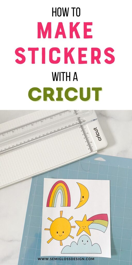 paper cutter and sheet of cute stickers with rainbow, sun, and cloud