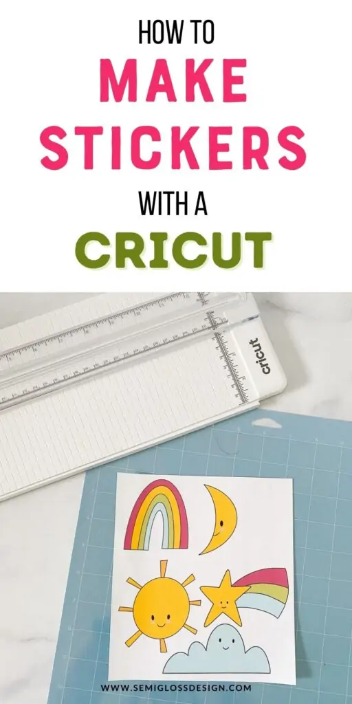 paper cutter and sheet of cute stickers with rainbow, sun, and cloud