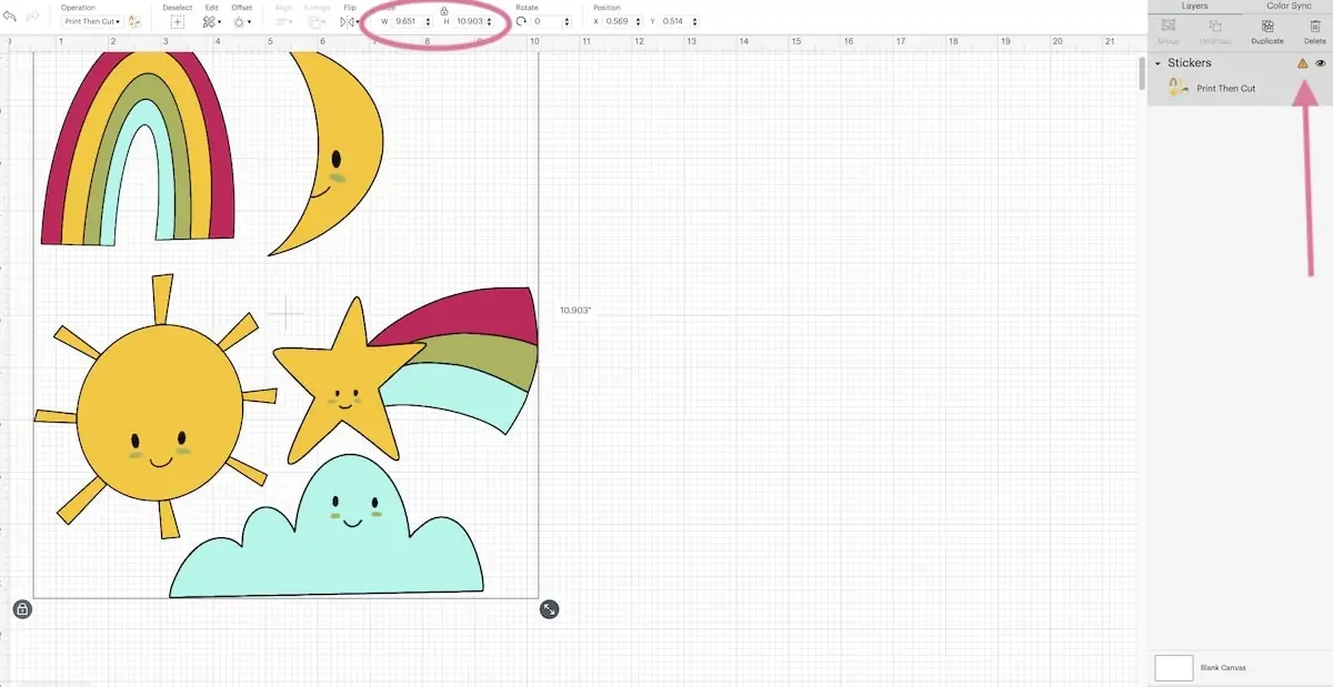 screenshot of cricut print then cut for cut sun stickers