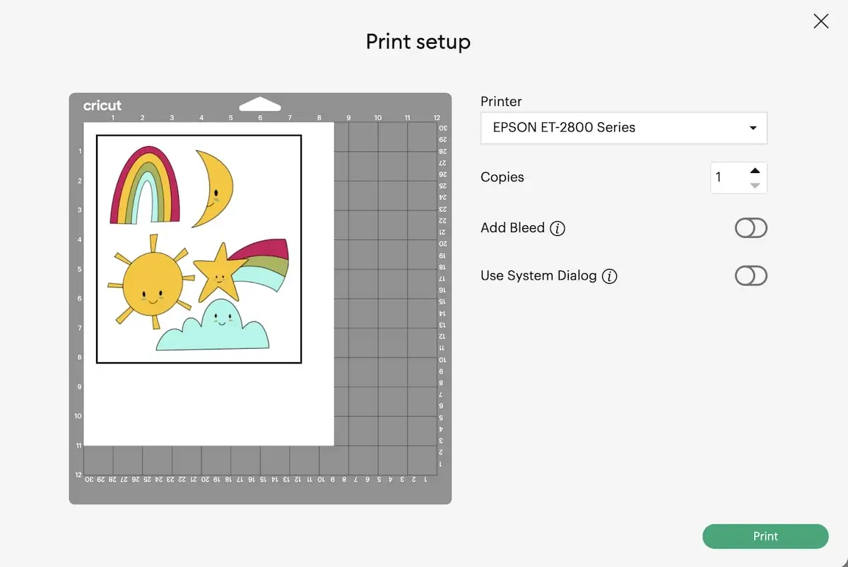 screenshot of print options in cricut