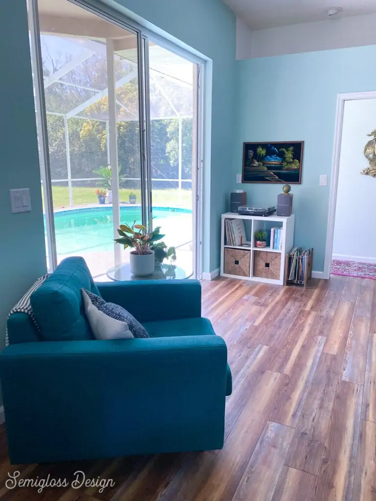 record player and blue chair