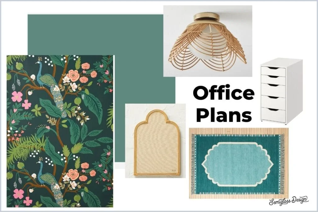 office mood board with floral wallpaper and rattan accents