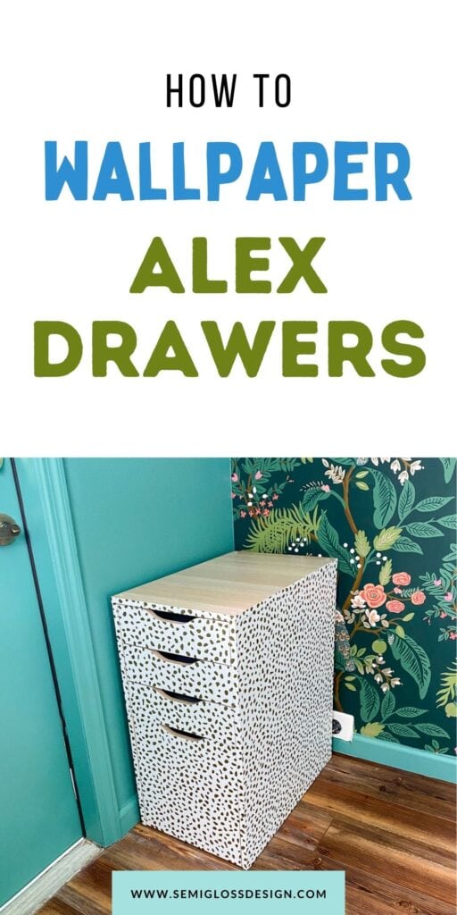 alex drawers with gold dot wallpaper against floral wall